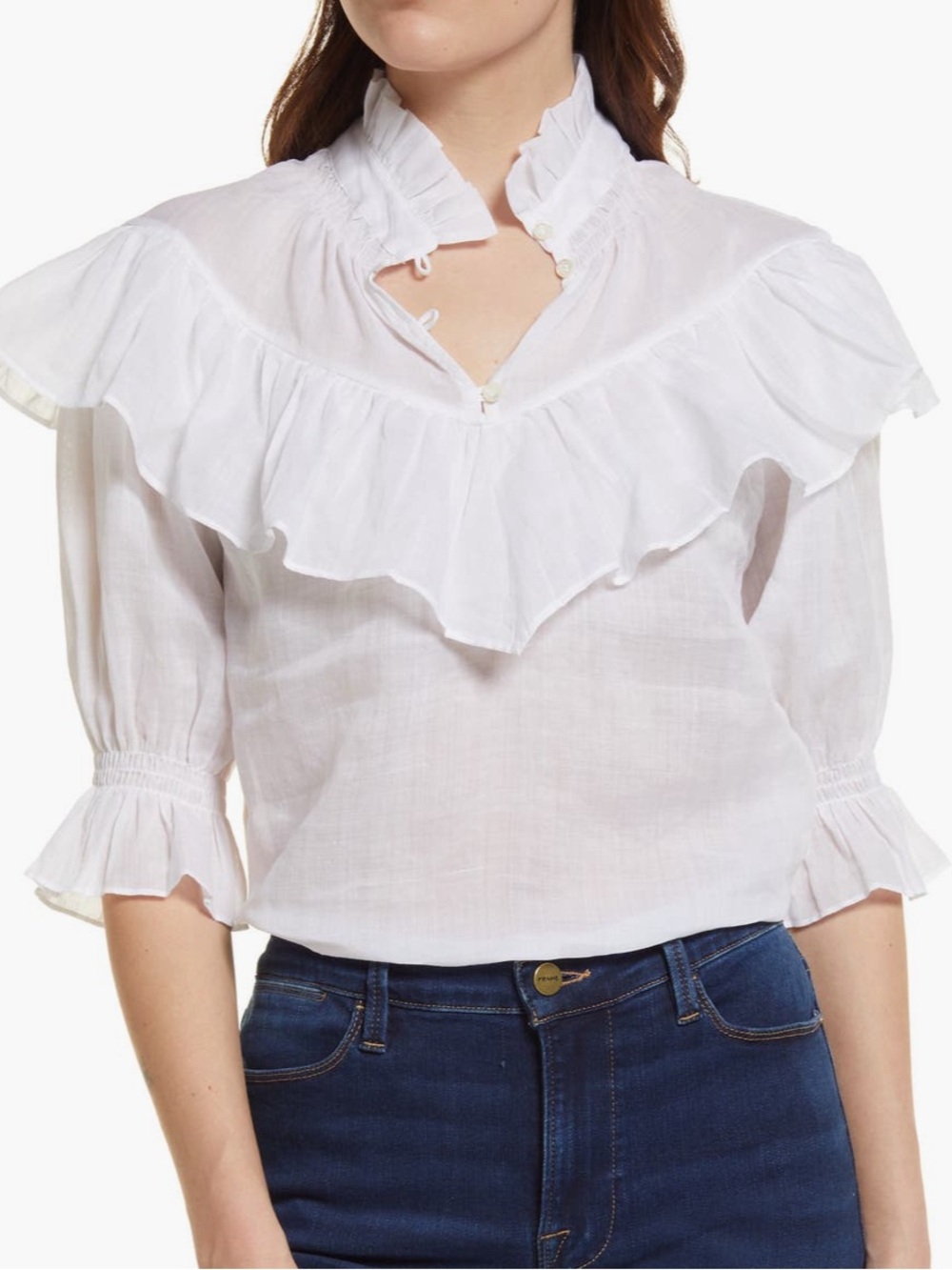 FRAME
Ruffle Flounce Top
Ramie Ton 
White 
Size xl
